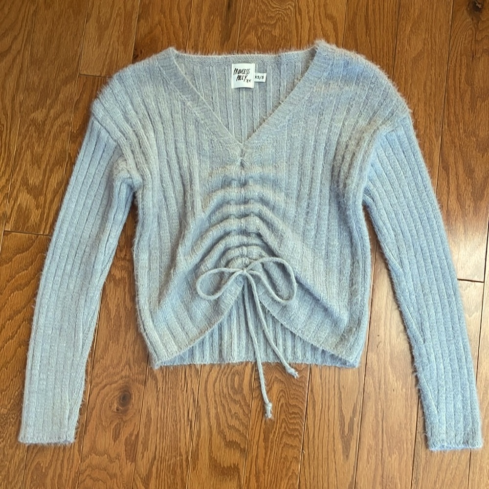Princess Polly Gray Ribbed V-Neck Drawstring Sweater - Picture 7 of 9